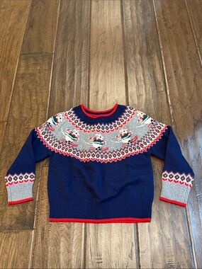 Mini Boden Navy Fair Isle Crewneck Sweater with Red and Gray Accents